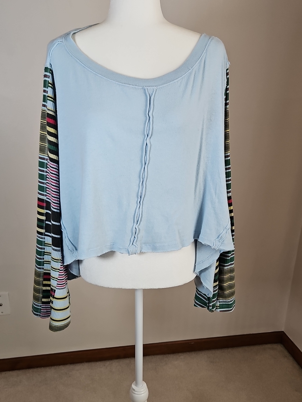 Free People We The Free Striped Bell Sleeve Top Blue Oversized Boxy Retro SZM
